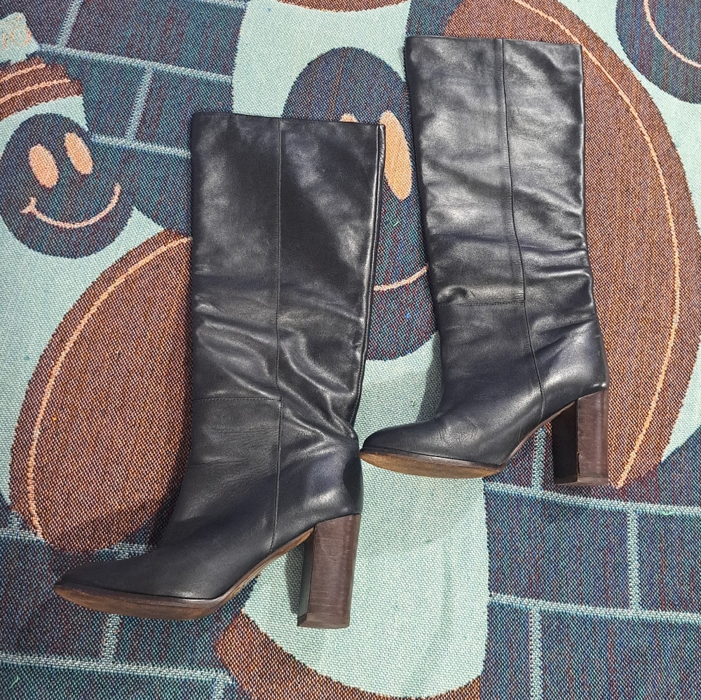 🌈MASSIMO DUTTI SLOUCHY BLACK LEATHER KNEE HIGH BOOTS-39